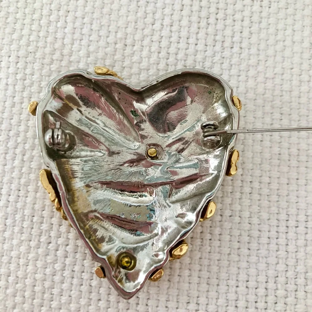 Gold & Silver Heart Rope Wrapped Brooch Big love vintage